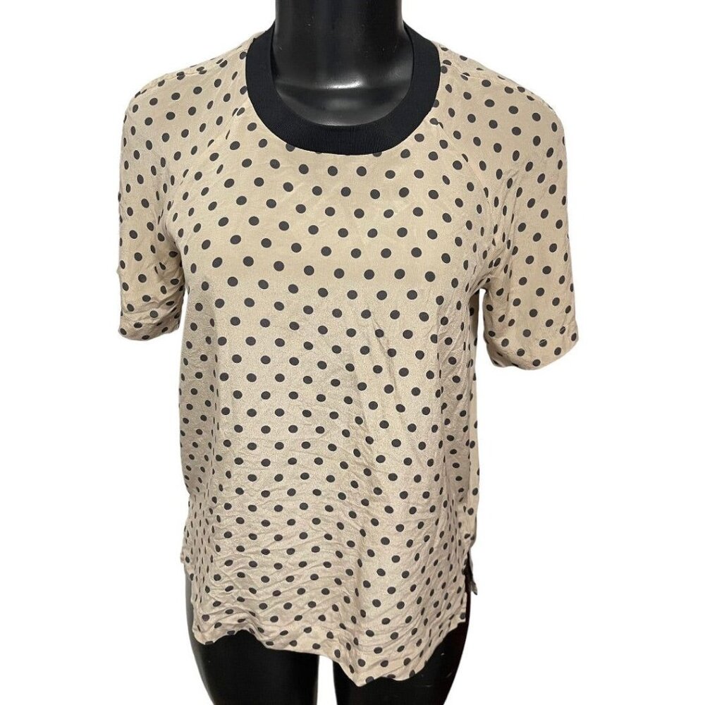 XS Madewell Short Sleeve Polka Dot Womens Silk Blouse Zipper Black Tan